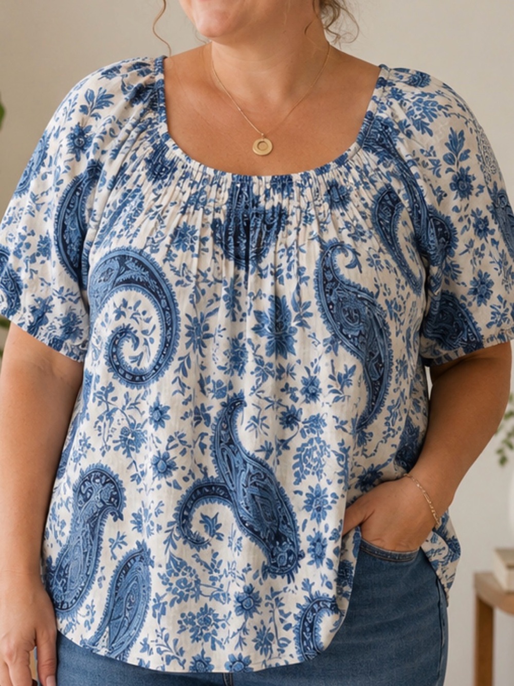 Chelsea & Theodore Coastal Blue Paisley Lightweight 100% Cotton Blouse 1X